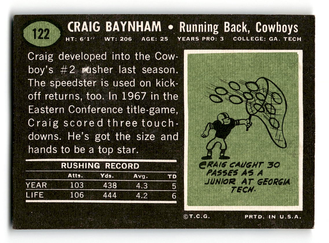 1969 Topps #122 Craig Baynham RC Dallas Cowboys EX